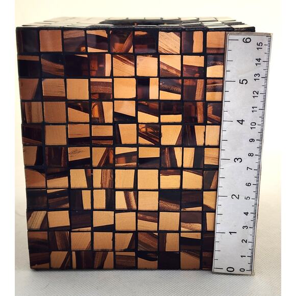 TISSUE BOX HOLDER/COVER-Glass Mosiac-Browns-Golds-Top Opening-5.5 x 6 in - Picture 8 of 10